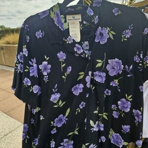 Vintage Erin London Black Shirt with Purple Floral Design